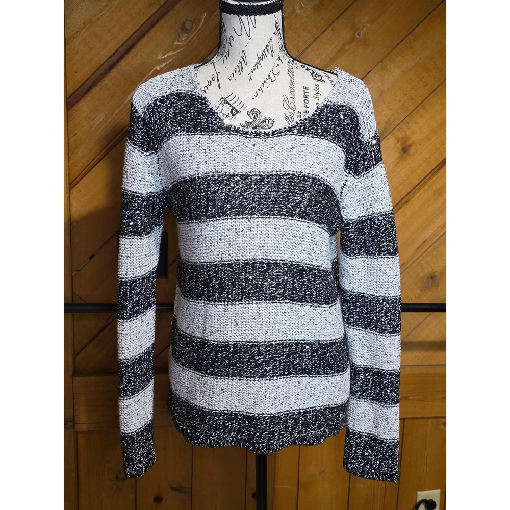Striped Sequin Knit Sweater Black White Scoop Neck Long Sleeve‎ Pullover Womens